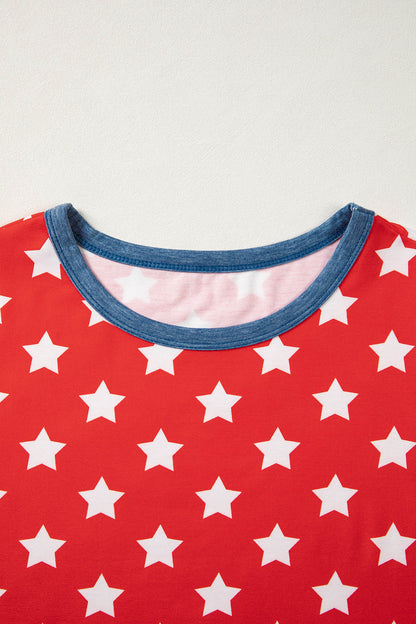 Red Stars Print Colorblock Binding Tape Collar Cuff Viscose Tunic Top