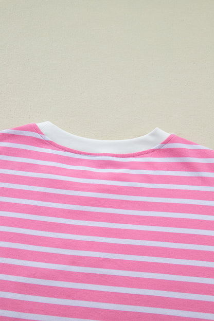 Pink Stripe Round Neck Drop Shoulder Short Sleeve Loose Top