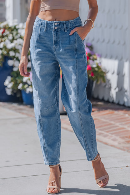 Sky Blue Medium Wash Cuffed Barrel Jeans