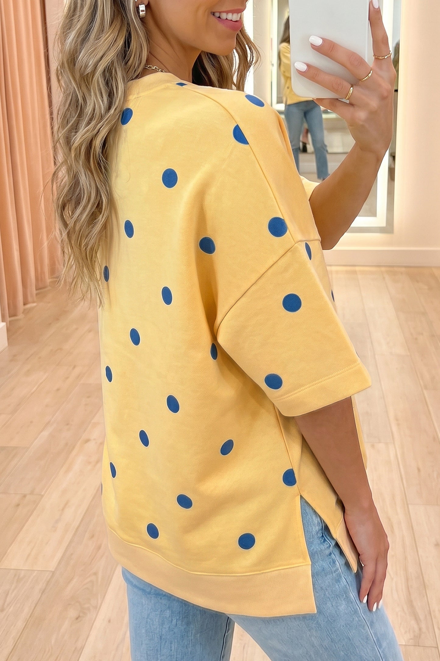 Beige Polka Dot Print Crossed Seam Detail Oversize Tee