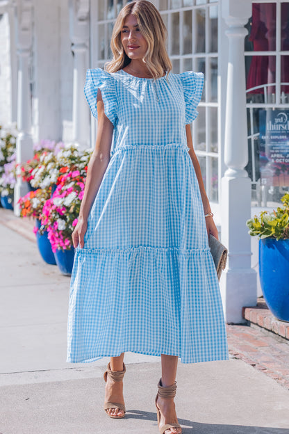 Sky Blue Knot Back Ruffled Short Sleeve Gingham Maxi Dress