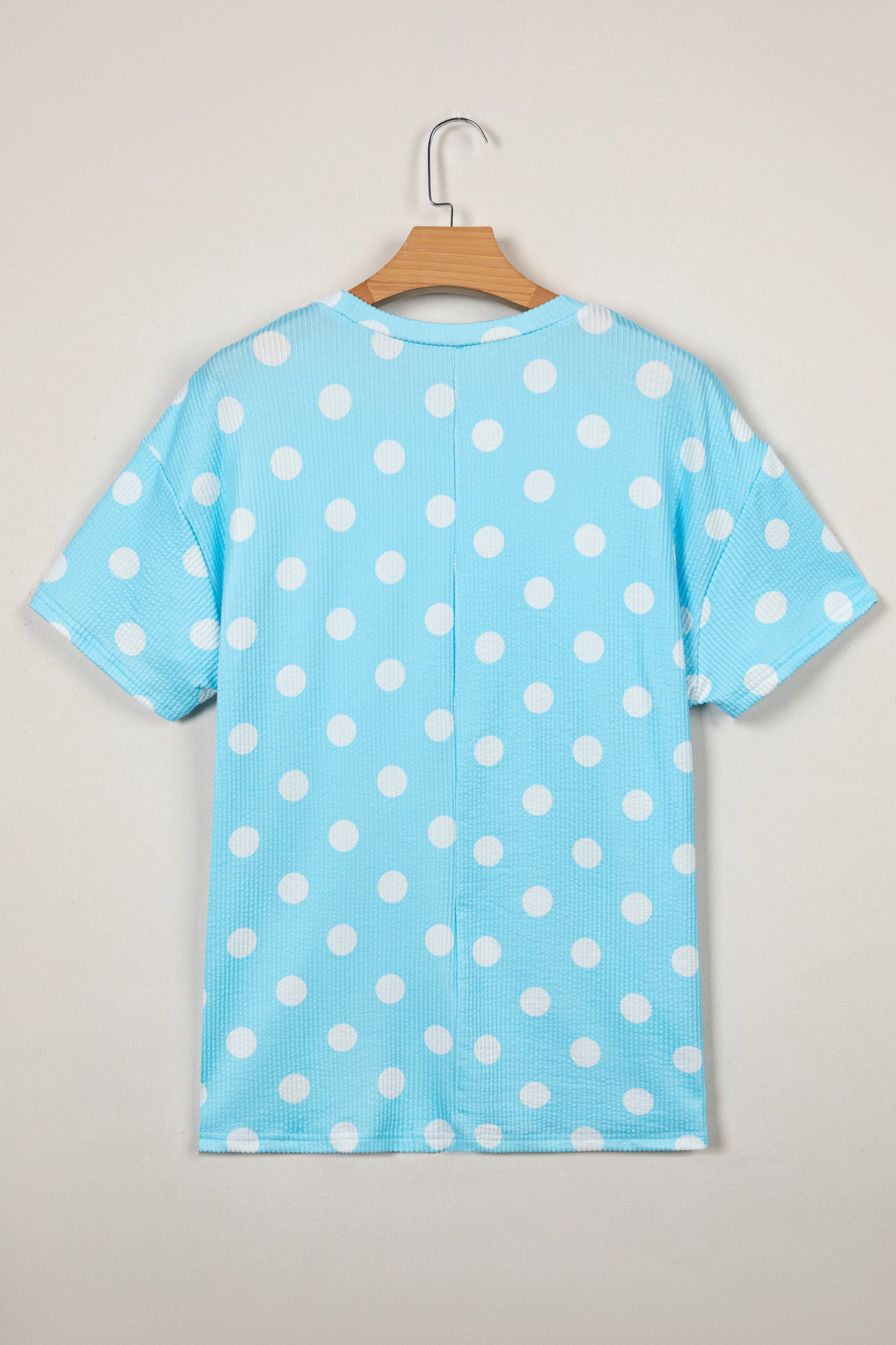 Sky Blue Polka Dot Round Neck Drop Shoulder Patch Pocket Jacquard Texture Top