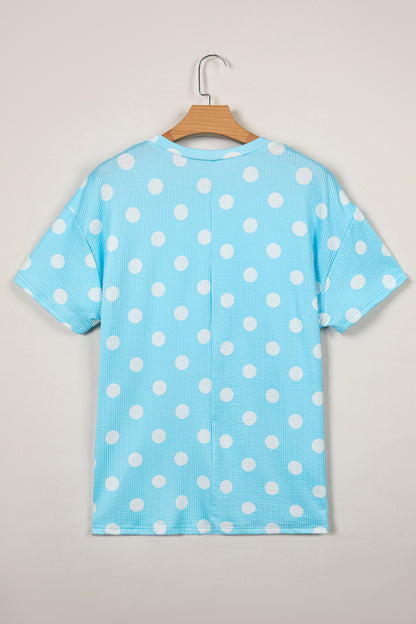 Sky Blue Polka Dot Round Neck Drop Shoulder Patch Pocket Jacquard Texture Top