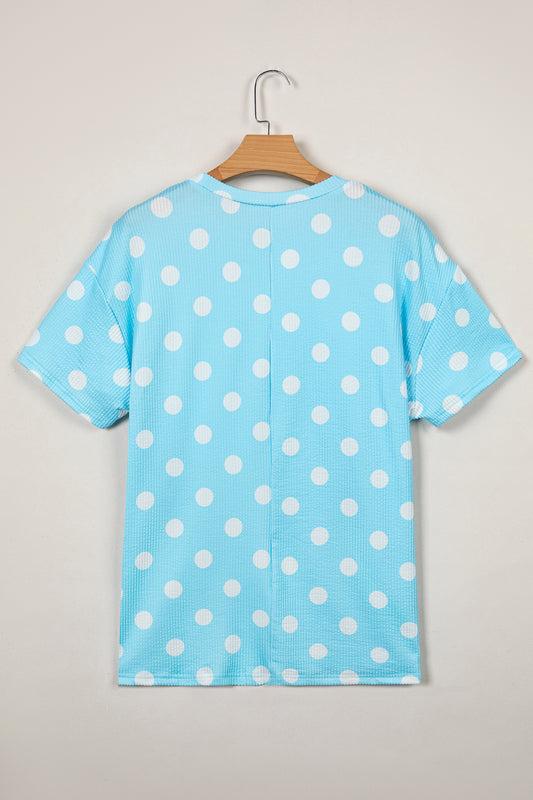 Sky Blue Polka Dot Round Neck Drop Shoulder Patch Pocket Jacquard Texture Top