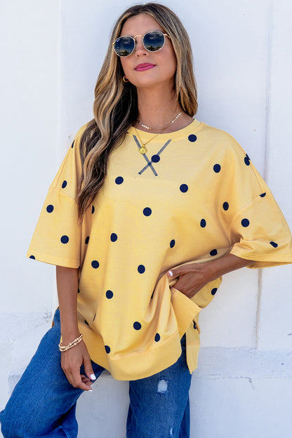 Beige Polka Dot Print Crossed Seam Detail Oversize Tee