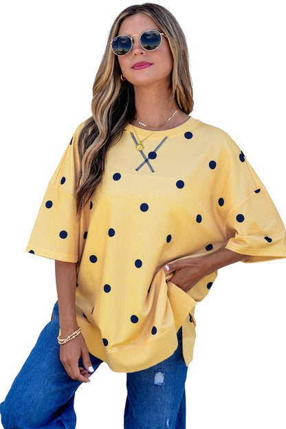 Beige Polka Dot Print Crossed Seam Detail Oversize Tee