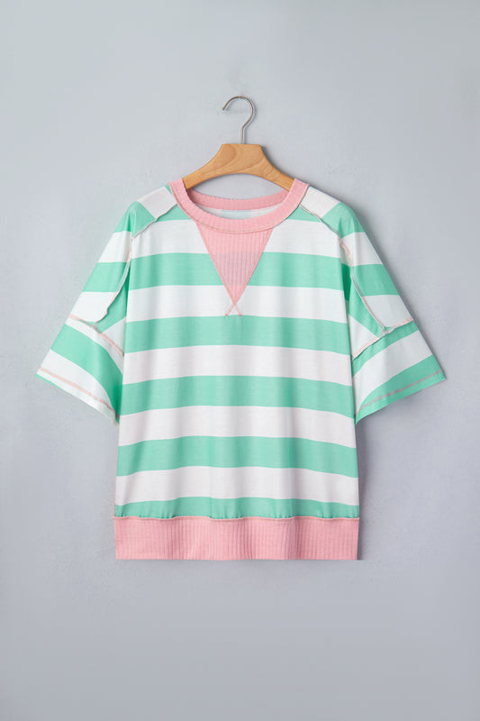 Green Stripe Exposed Seam Ribbed Patchwork Oversized Tee
