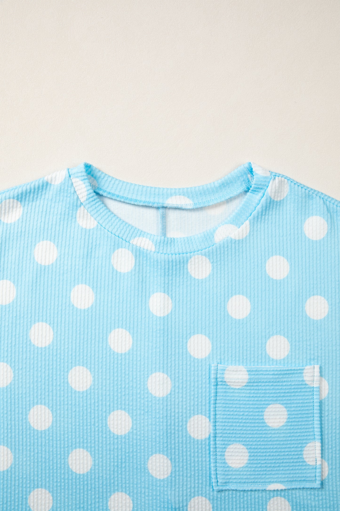 Sky Blue Polka Dot Round Neck Drop Shoulder Patch Pocket Jacquard Texture Top