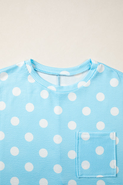 Sky Blue Polka Dot Round Neck Drop Shoulder Patch Pocket Jacquard Texture Top