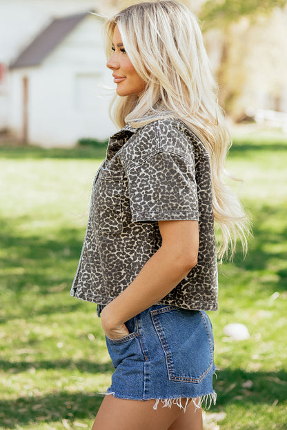 Gray Vintage Leopard Print Short Sleeve Loose Cotton Denim Shirt