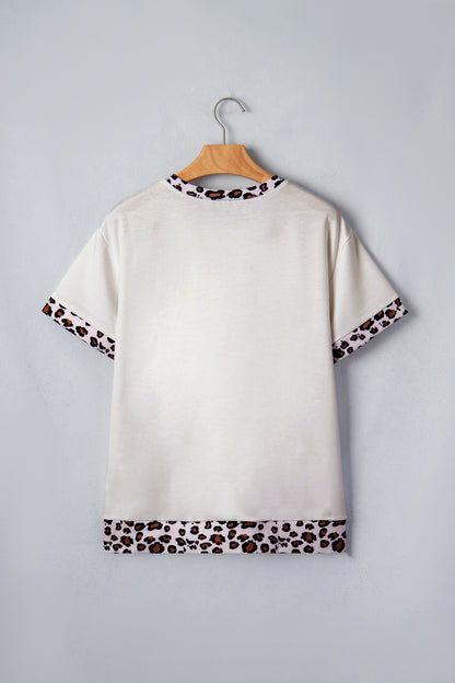 White Ribbed Leopard Patchwork Uneven Hem T Shirt