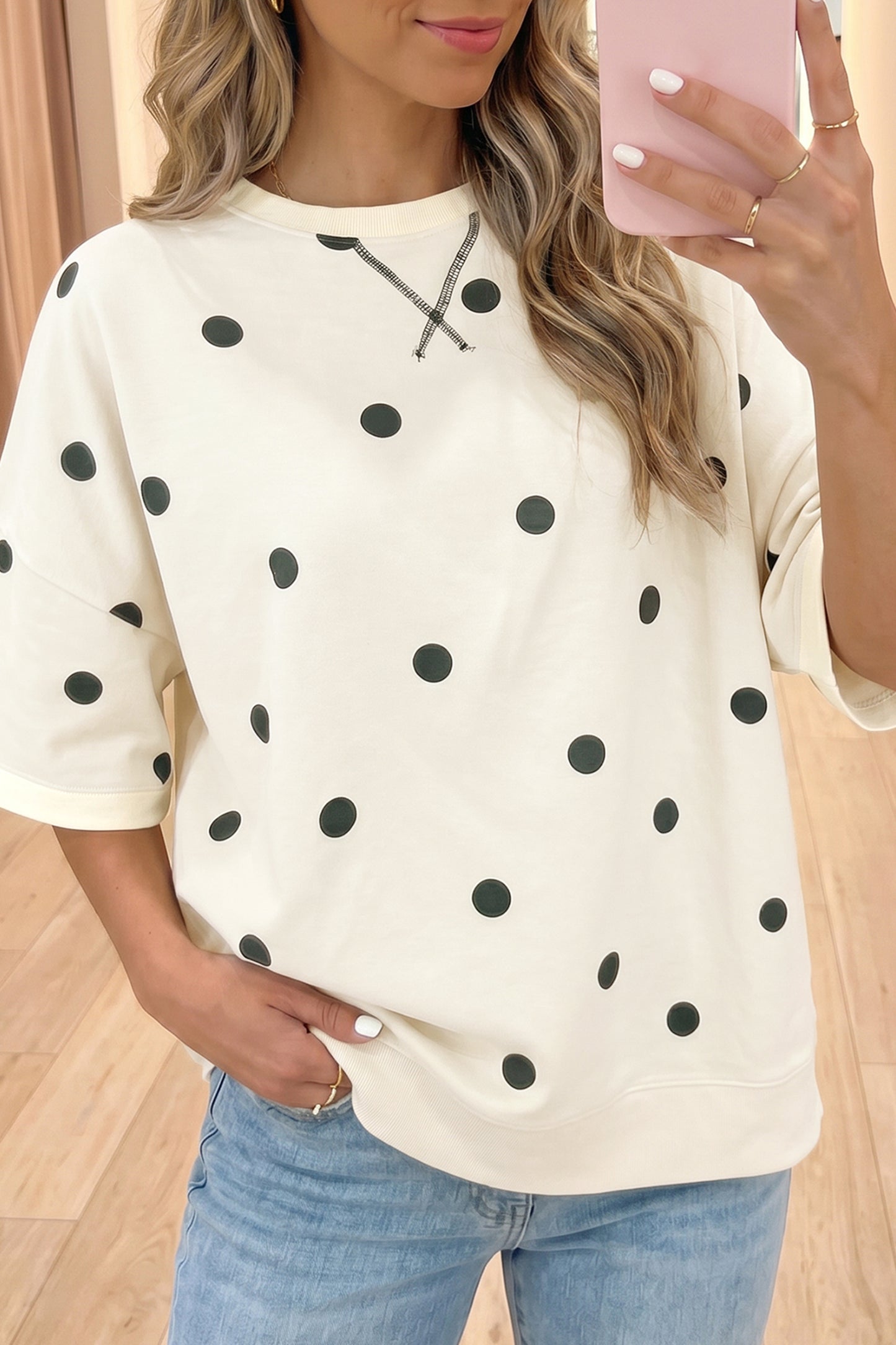 Beige Polka Dot Print Crossed Seam Detail Oversize Tee