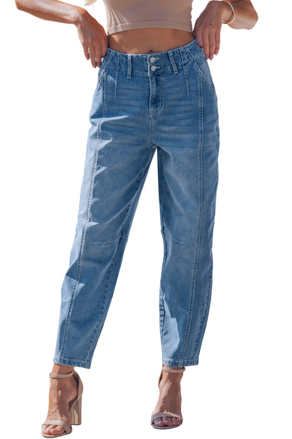 Sky Blue Medium Wash Cuffed Barrel Jeans