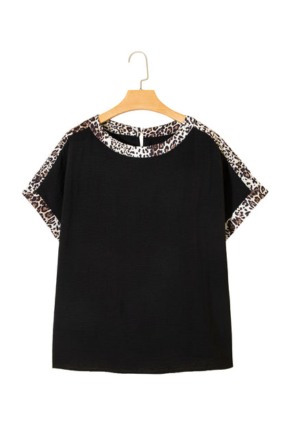 Black Plus Size Leopard Patchwork Round Neck Loose Tee