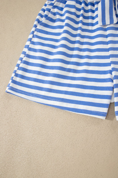 Sky Blue Stripe Contrast Trim Crew Neck Tee Knot Shorts 2pcs Set