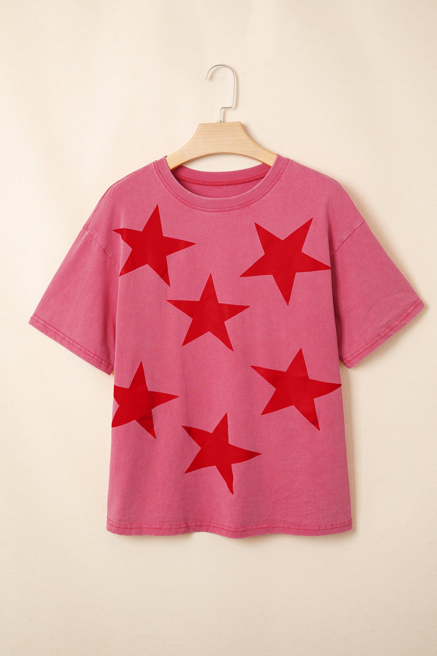 Red Independence Day Star Printed Mineral Wash T Shirt