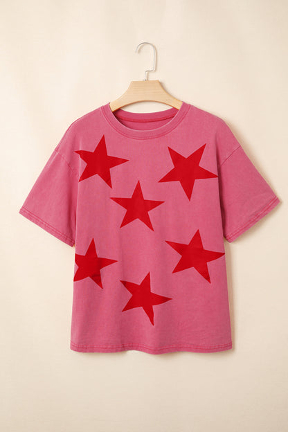 Red Independence Day Star Printed Mineral Wash T Shirt