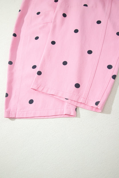 Phalaenopsis Polka Dot Print Bib Pocket Denim Barrel Overalls Jumpsuit