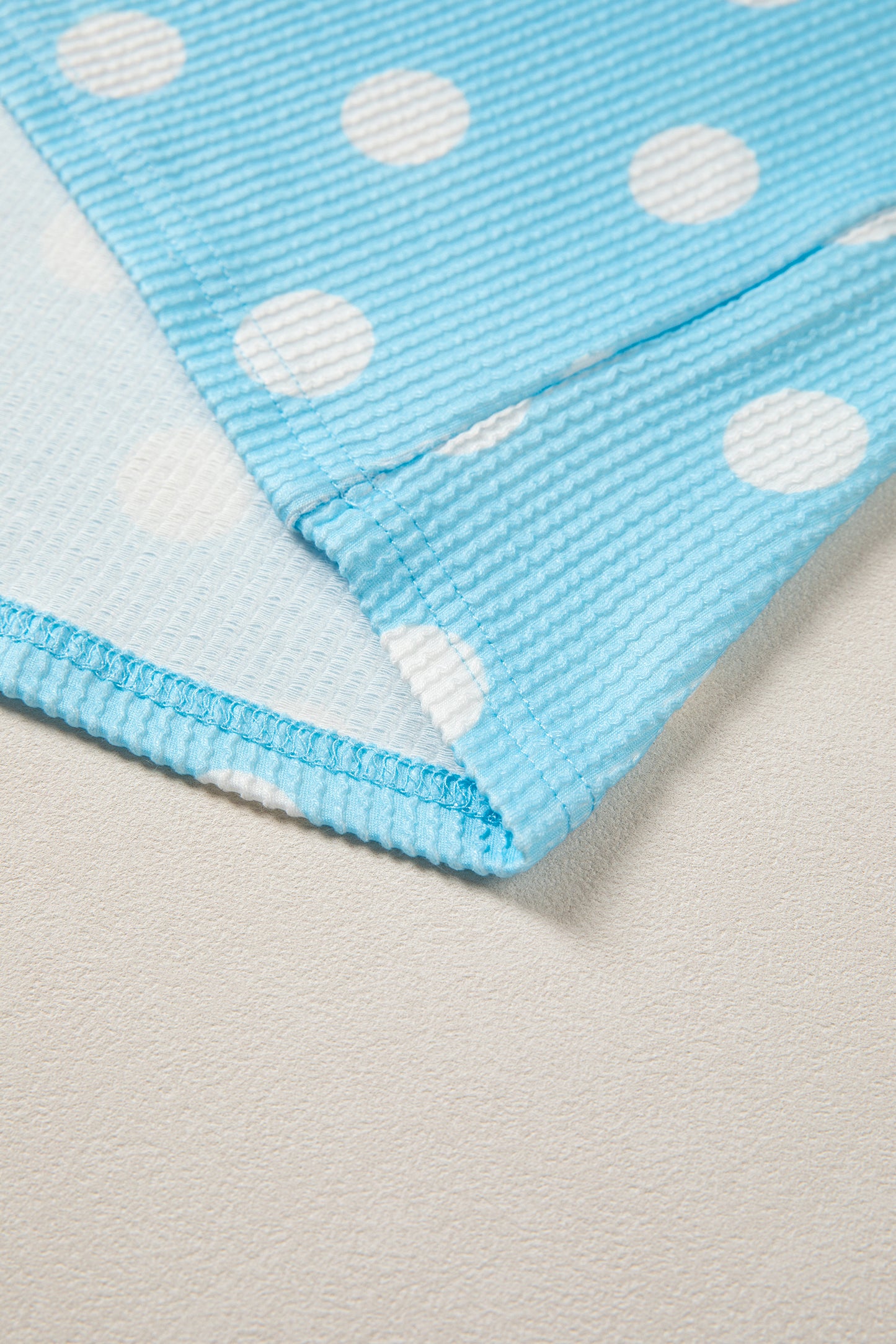 Sky Blue Polka Dot Round Neck Drop Shoulder Patch Pocket Jacquard Texture Top