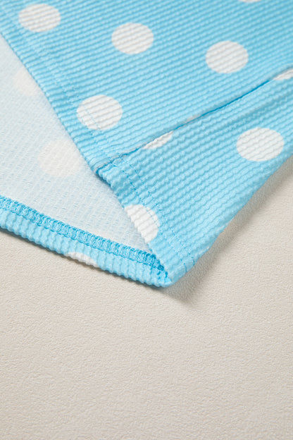 Sky Blue Polka Dot Round Neck Drop Shoulder Patch Pocket Jacquard Texture Top