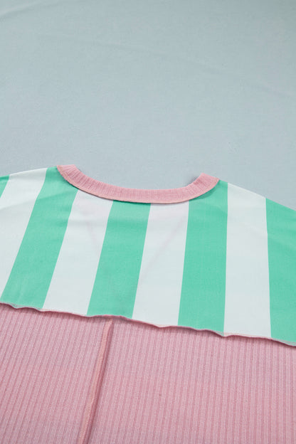 Green Stripe Exposed Seam Ribbed Patchwork Oversized Tee