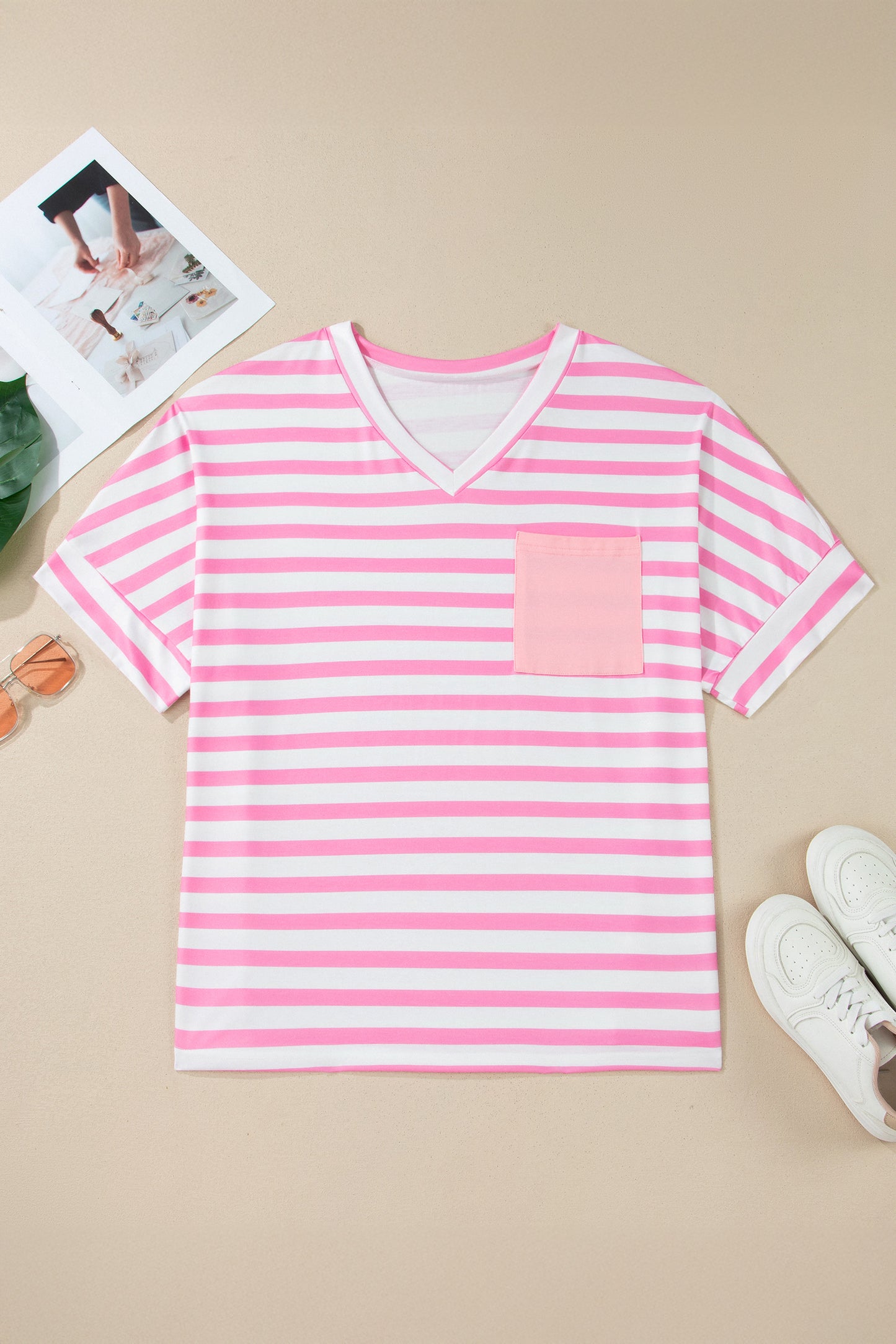 Pink Stripe Colorblock Patched Pocket V Neck Plus Size Tee