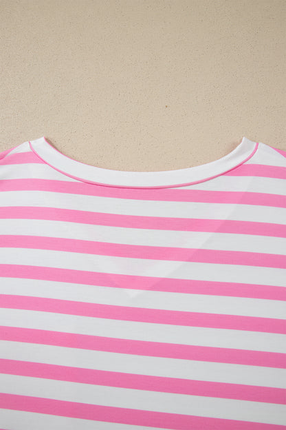 Pink Stripe Colorblock Patched Pocket V Neck Plus Size Tee