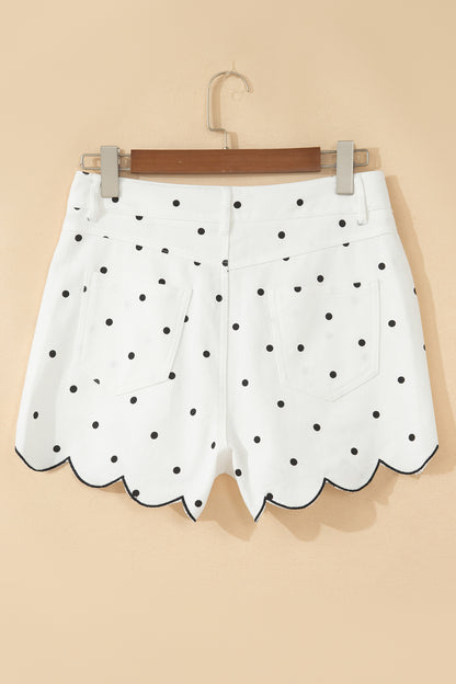White Polka Dot Print Embroidered Scallop Hem Shorts