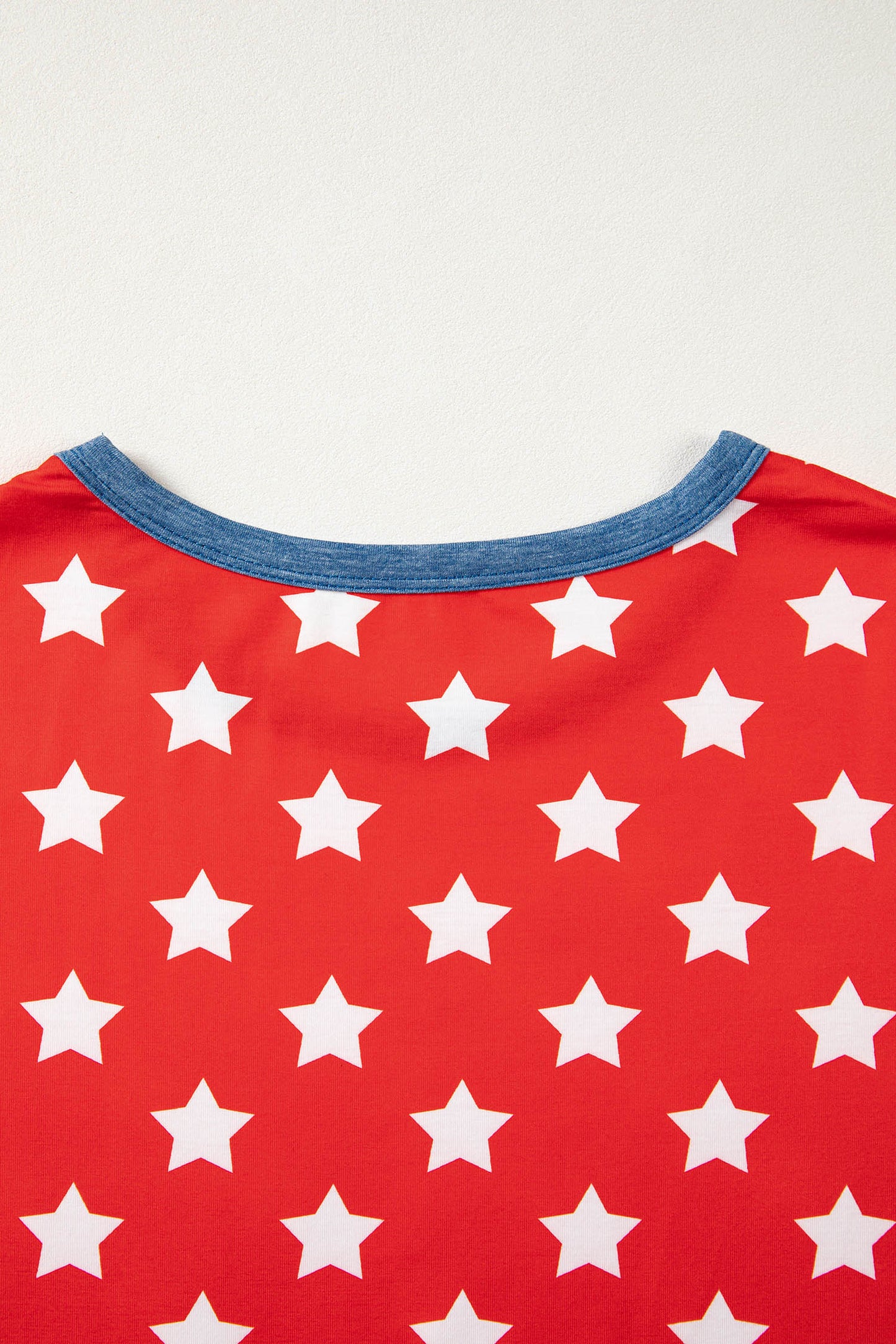 Red Stars Print Colorblock Binding Tape Collar Cuff Viscose Tunic Top