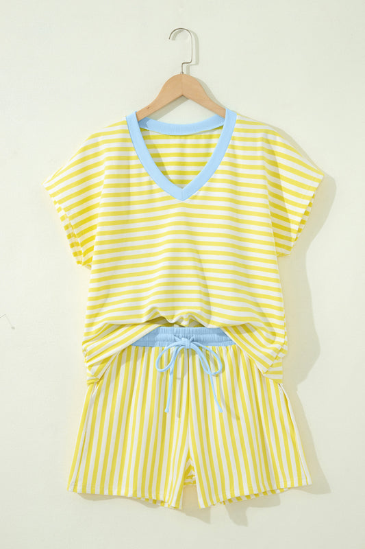 Yellow Stripe Colorblock Trim V Neck Tee Drawstring Elastic Waist Short Set