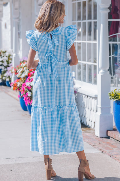 Sky Blue Knot Back Ruffled Short Sleeve Gingham Maxi Dress