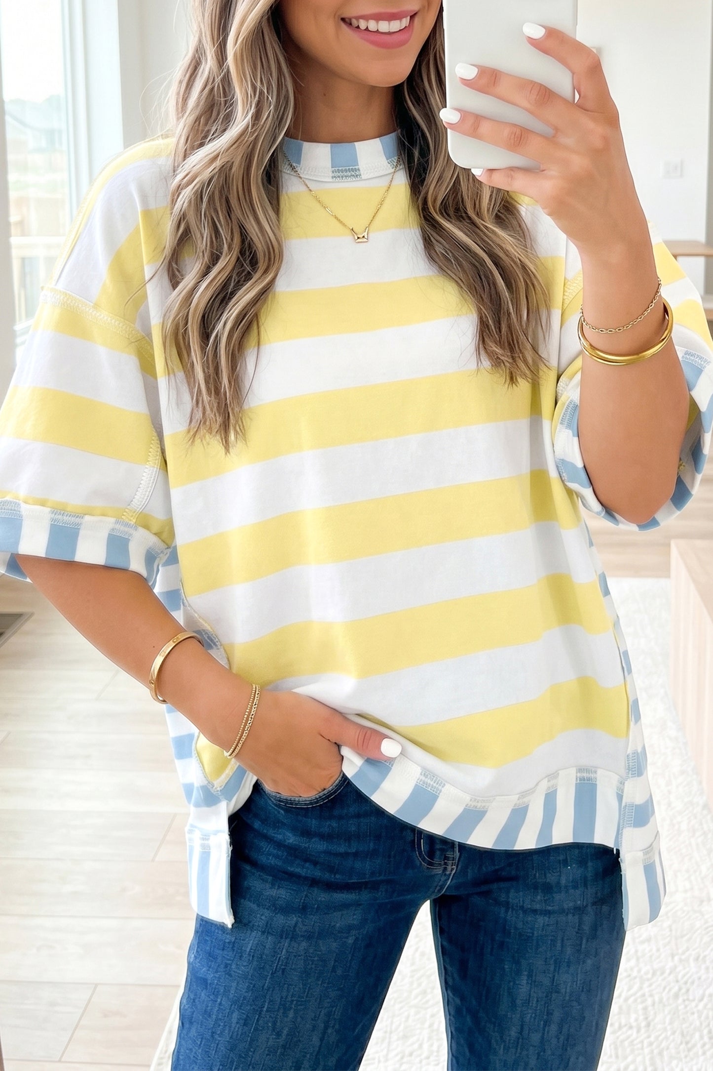 Pink Stripe Exposed Seam Contrast Patchwork Oversized Top