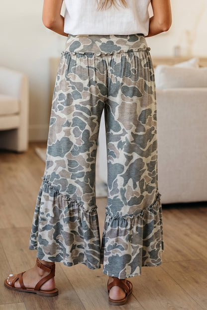 Brown Camo Print Wide Leg Casual Pants