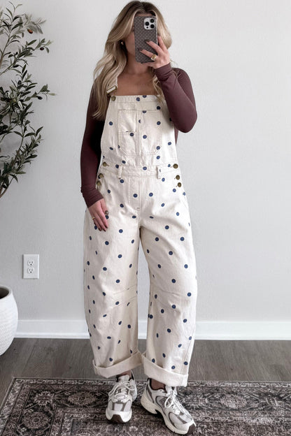 Phalaenopsis Polka Dot Print Bib Pocket Denim Barrel Overalls Jumpsuit