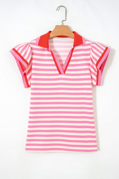 Blue Stripe Contrast Trim Polo Collar Ruffled Short Sleeve Blouse