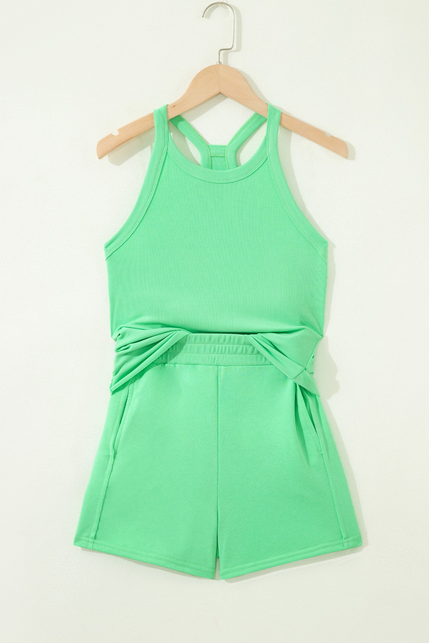 Green Slim Tank Top Elastic High Waist Shorts 2pcs Outfit