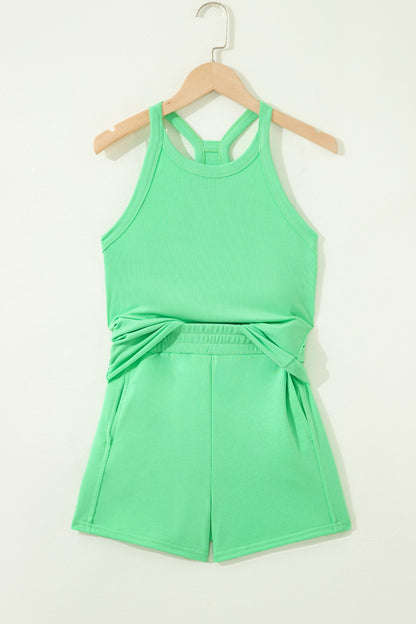 Green Slim Tank Top Elastic High Waist Shorts 2pcs Outfit