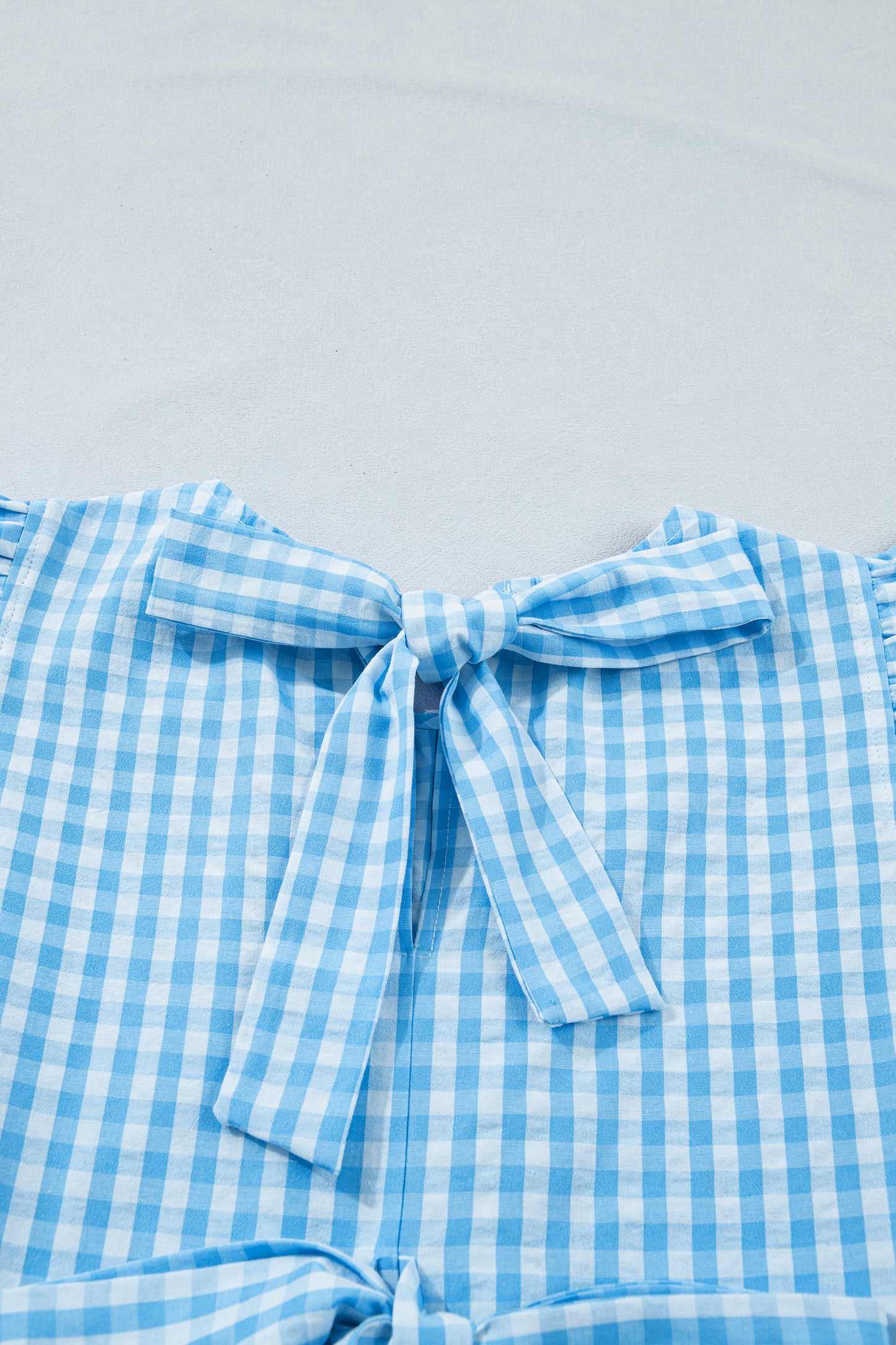 Sky Blue Knot Back Ruffled Short Sleeve Gingham Maxi Dress